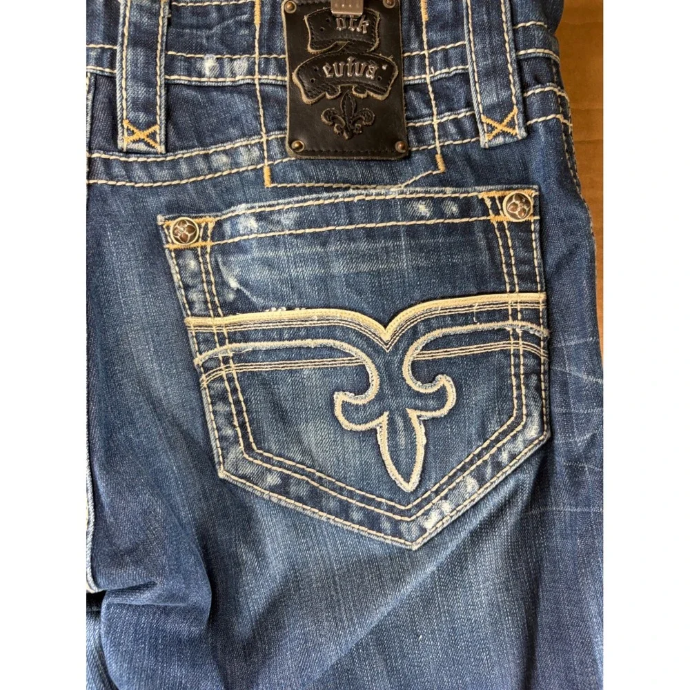Rock Revival Curtis Straight Jeans Mens 36 Blue Distressed Thick Stitch Denim